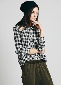 FREE PEOPLE LACE UP GAUZY PLAID BUTTONDOWN